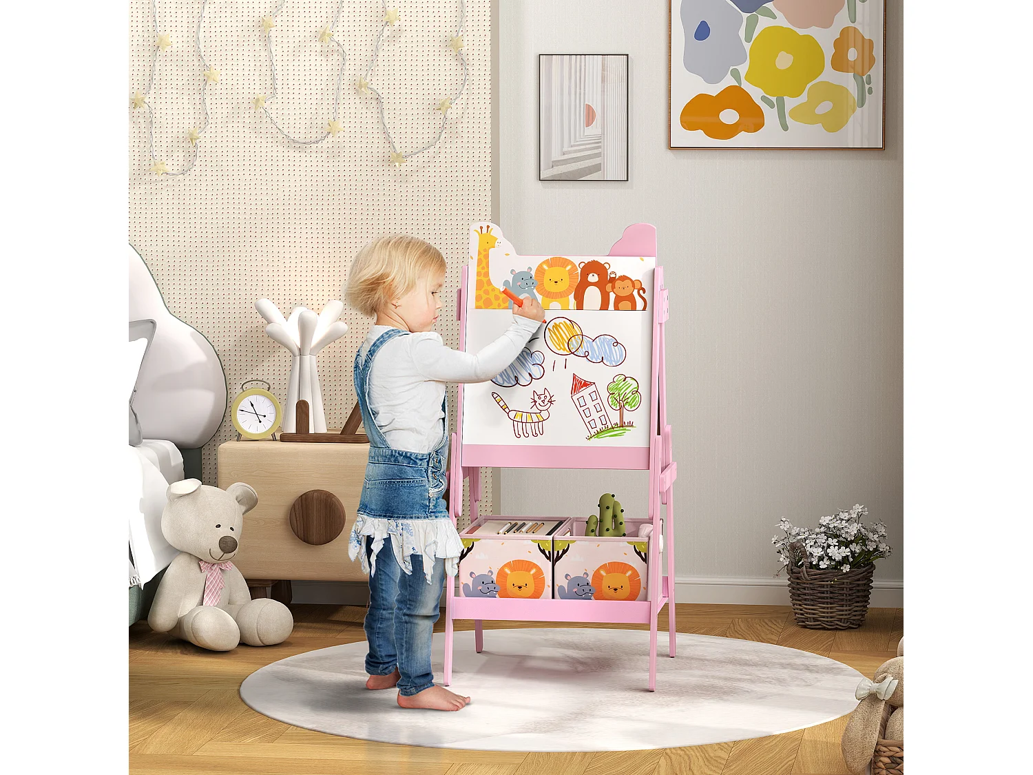 Cavalletto artistico per bambini con lavagna a 2 lati in legno rosa