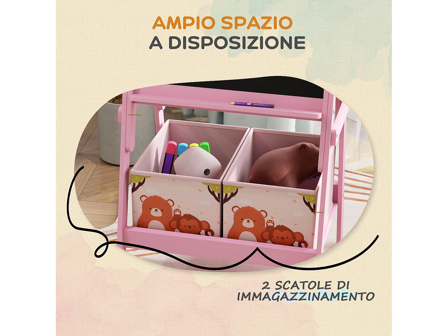 Cavalletto artistico per bambini con lavagna a 2 lati in legno rosa