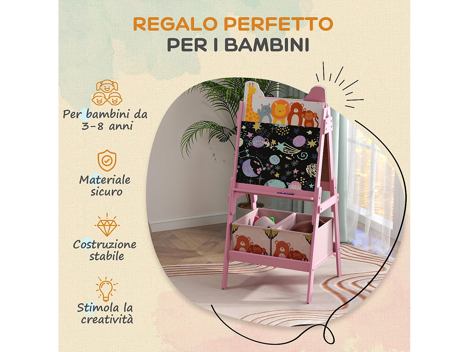Cavalletto artistico per bambini con lavagna a 2 lati in legno rosa