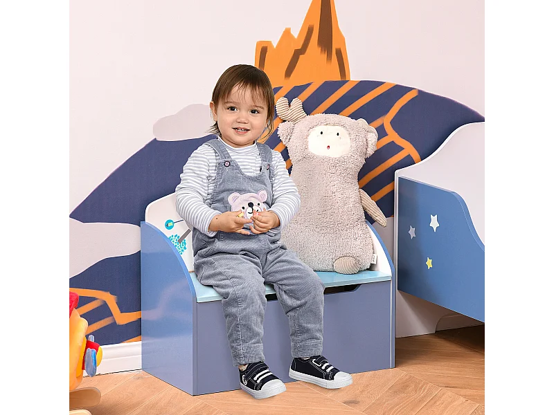 Cassapanca baule portagiochi panca per bambini 3-8 anni in legno blu