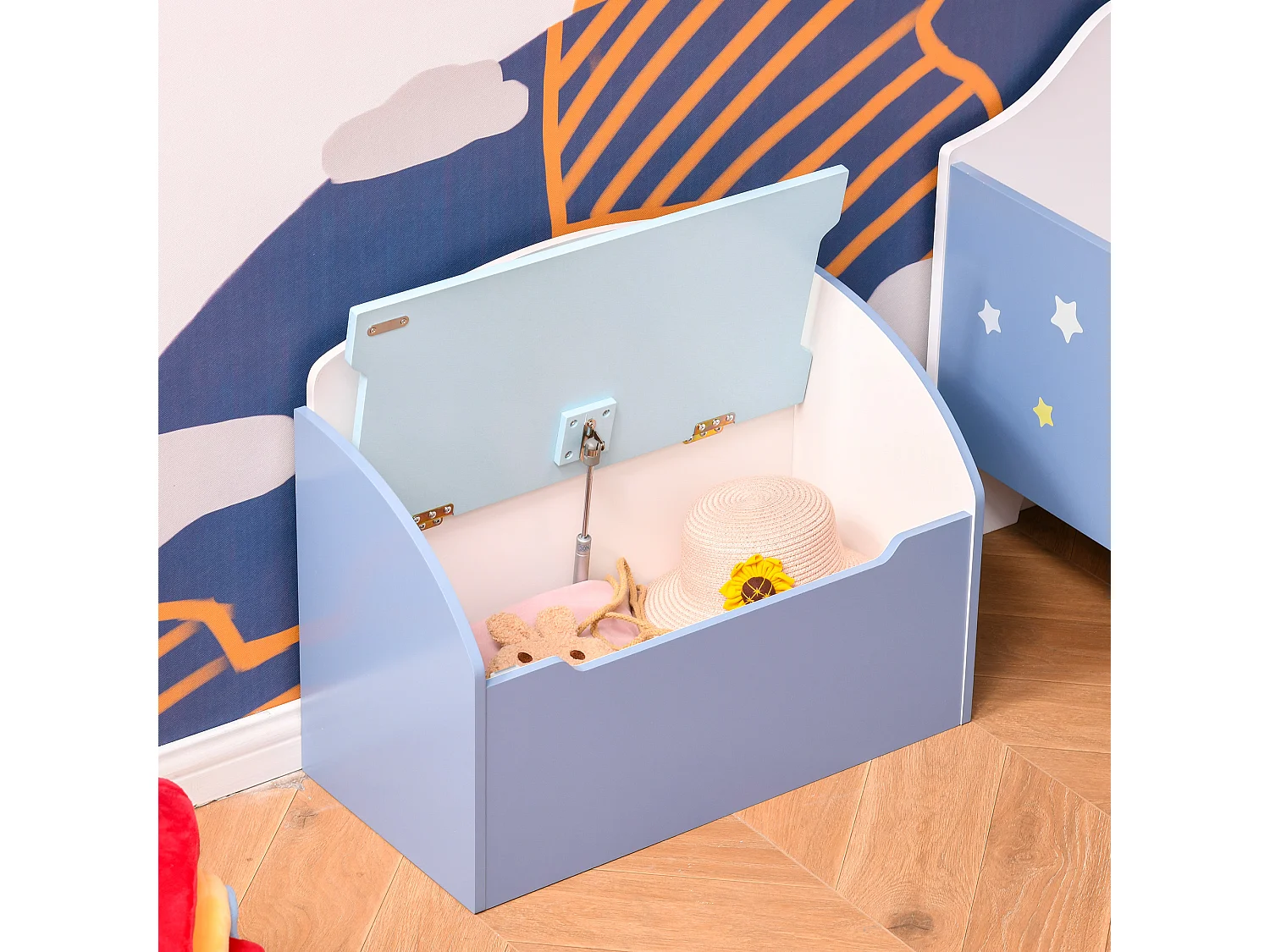 Cassapanca baule portagiochi panca per bambini 3-8 anni in legno blu