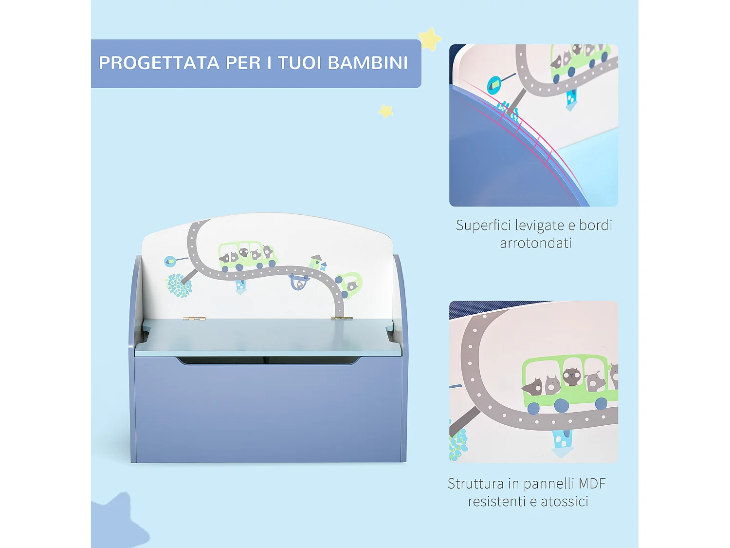 Cassapanca baule portagiochi panca per bambini 3-8 anni in legno blu