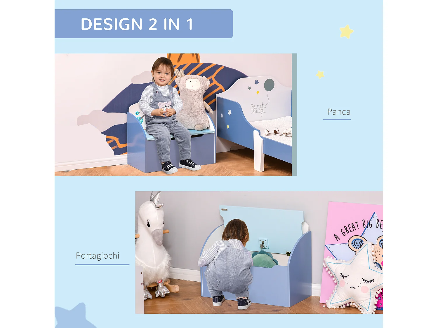 Cassapanca baule portagiochi panca per bambini 3-8 anni in legno blu