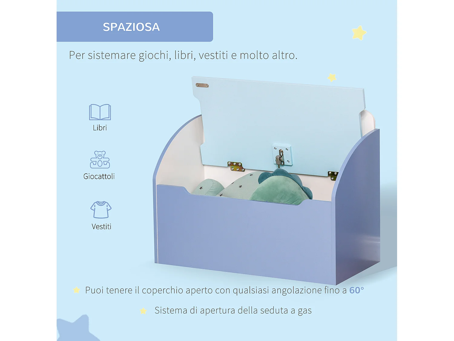 Cassapanca baule portagiochi panca per bambini 3-8 anni in legno blu