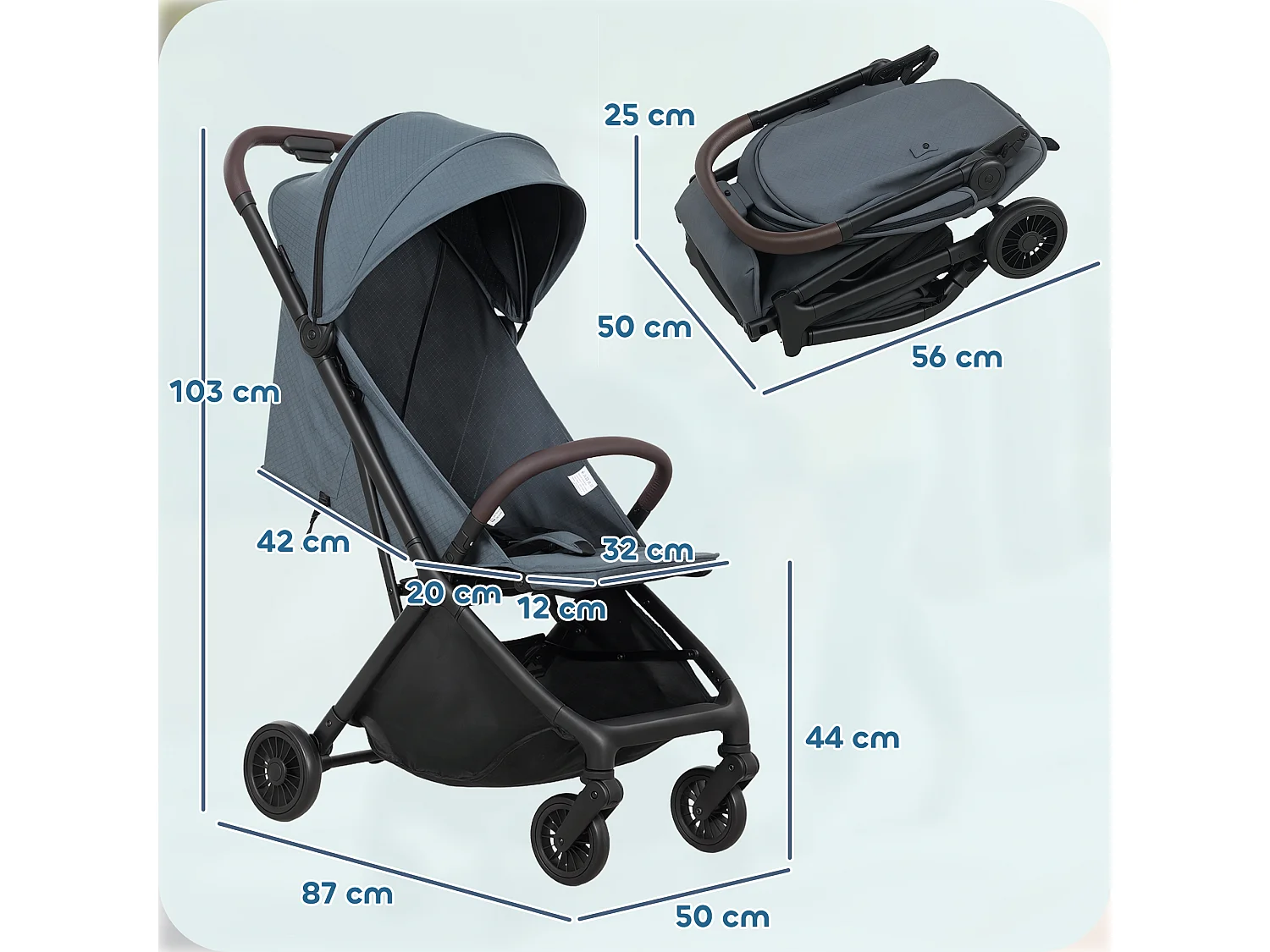 Passeggino per bambini con tettuccio regolabile e sacca blu e nero