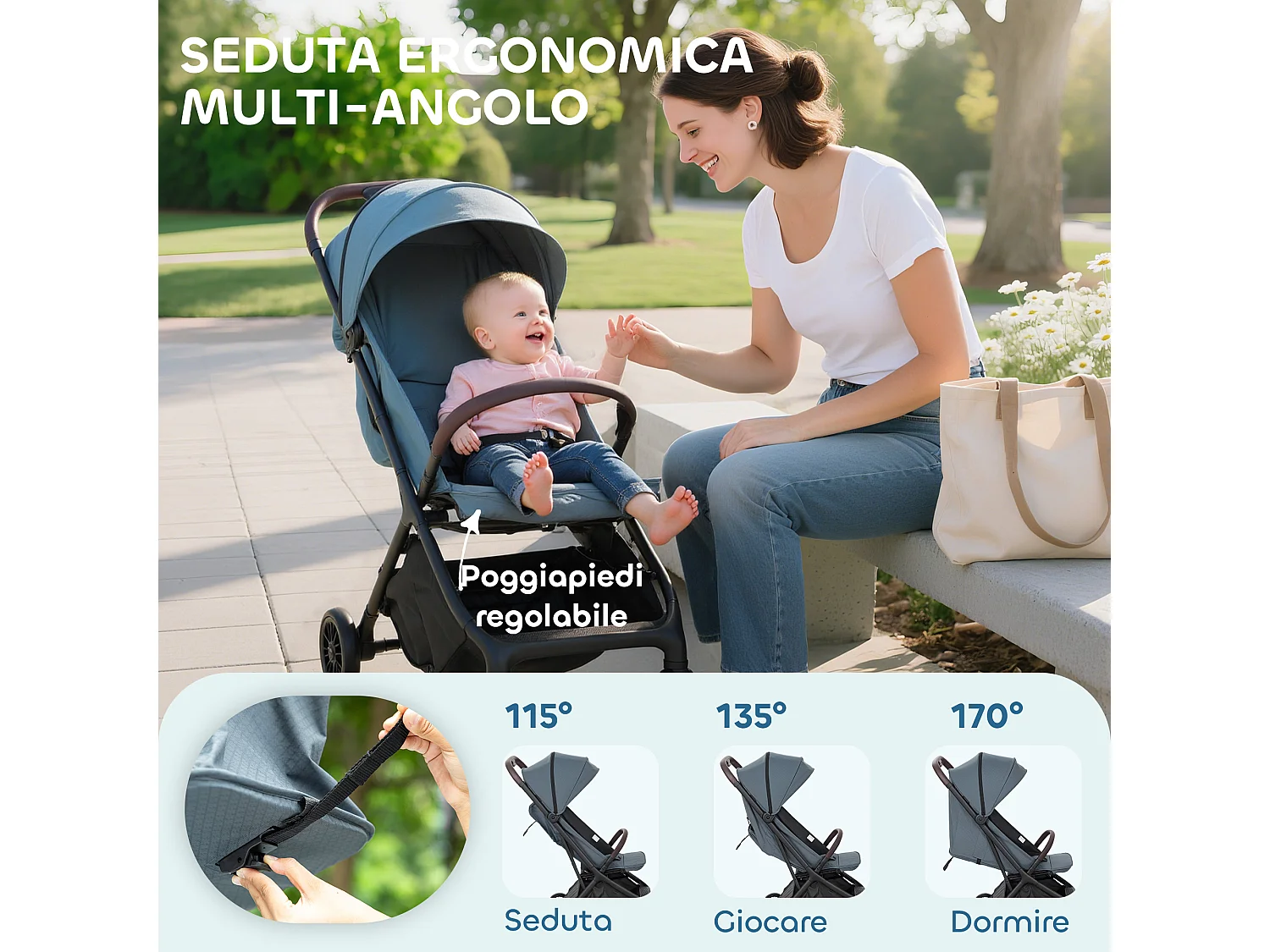 Passeggino per bambini con tettuccio regolabile e sacca blu e nero