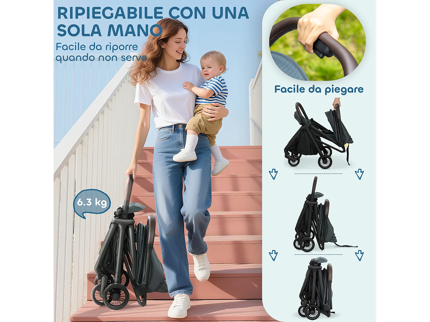 Passeggino per bambini con tettuccio regolabile e sacca blu e nero