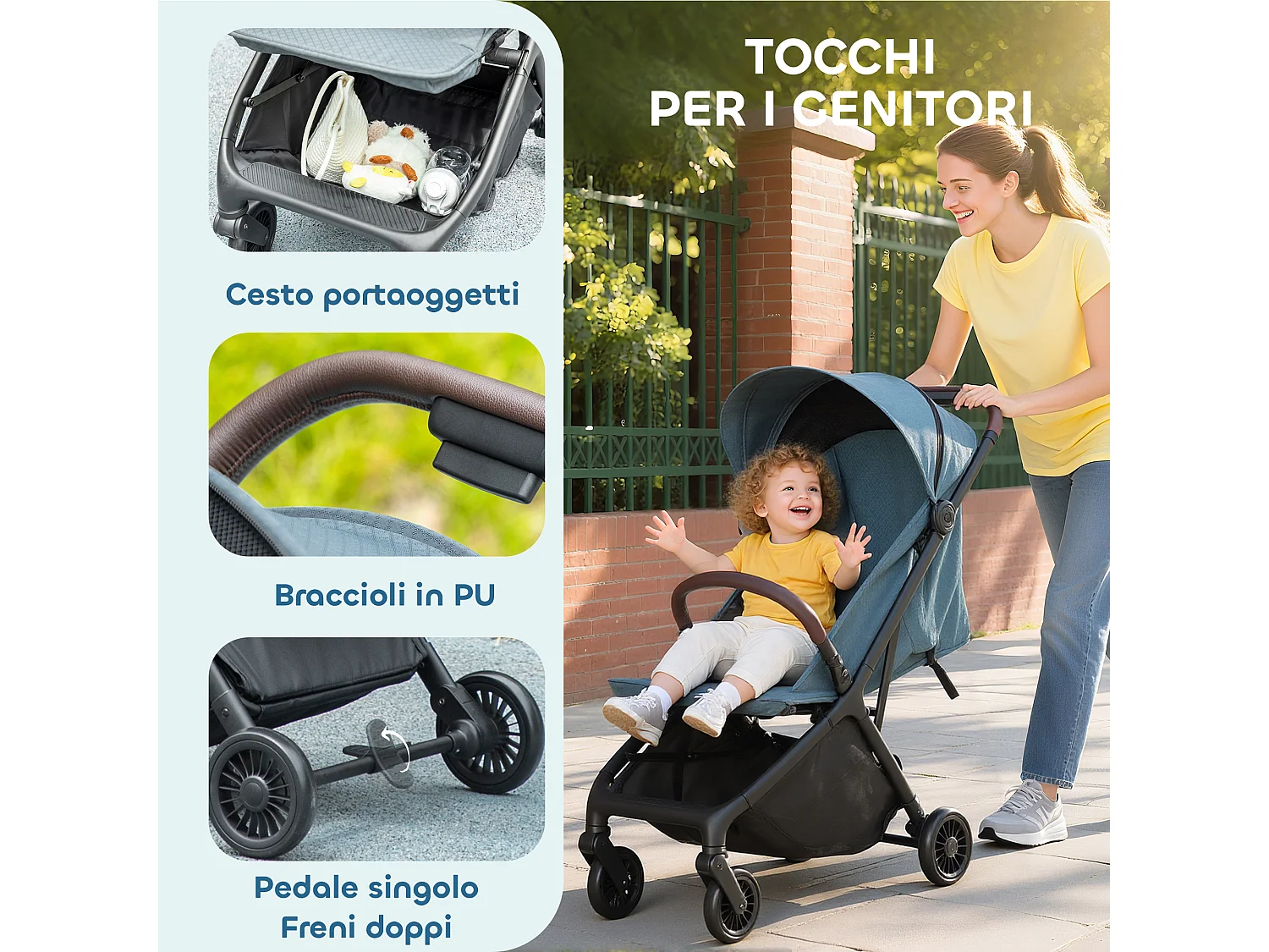 Passeggino per bambini con tettuccio regolabile e sacca blu e nero