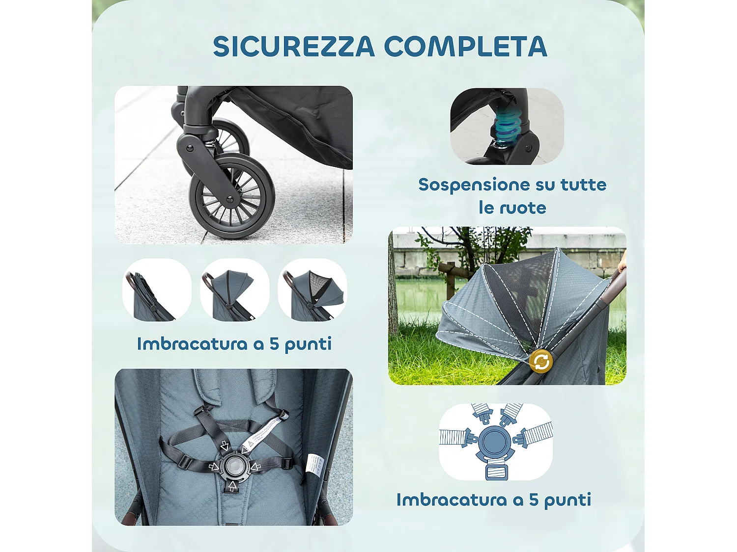 Passeggino per bambini con tettuccio regolabile e sacca blu e nero