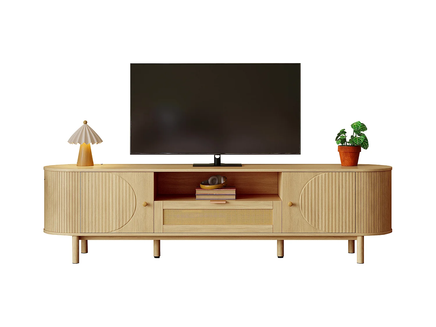 Tv-meubel met rotan lades, open vakken, een rond blad en metalen poten. Multifunctioneel en modern.