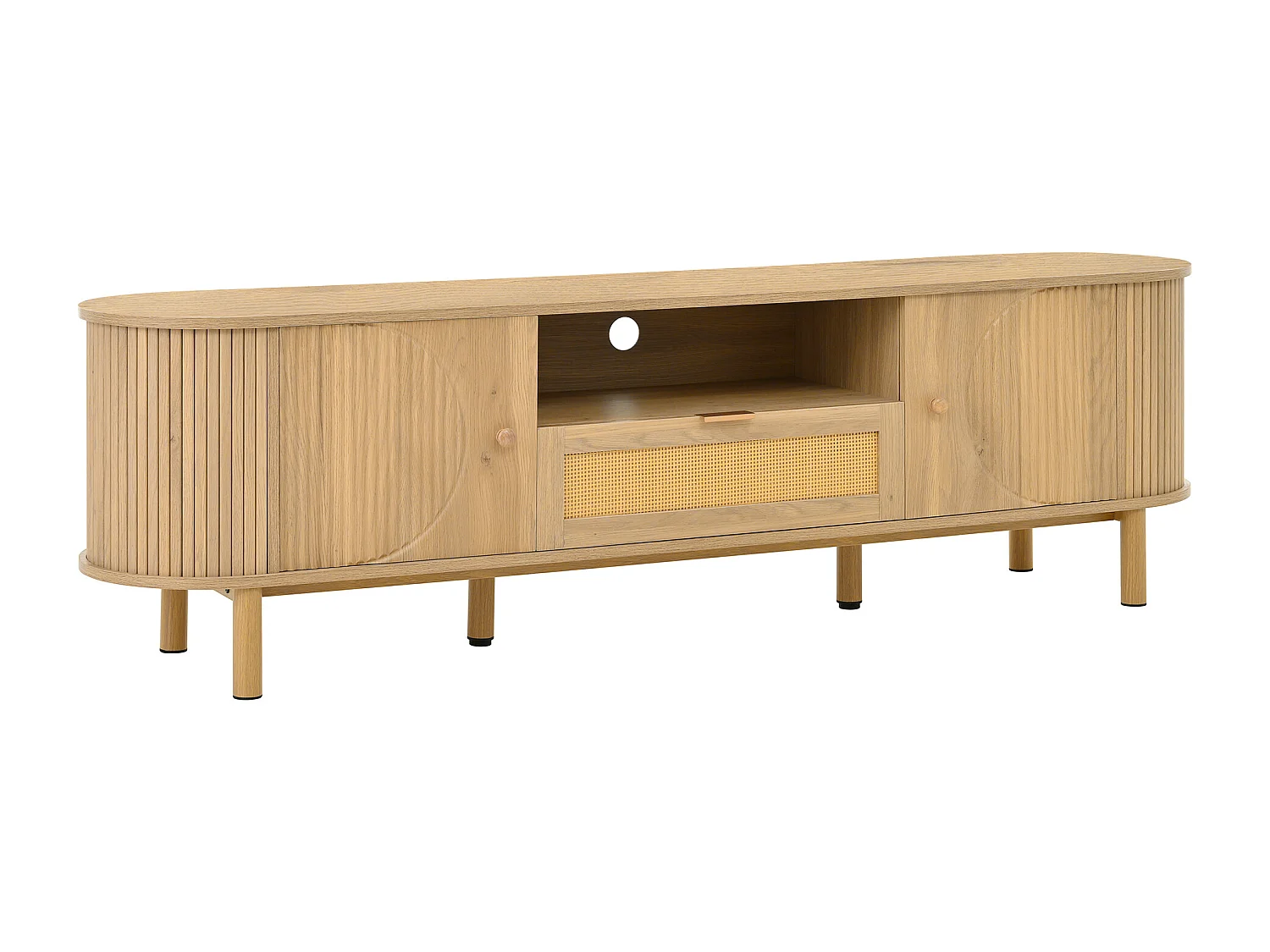 Tv-meubel met rotan lades, open vakken, een rond blad en metalen poten. Multifunctioneel en modern.