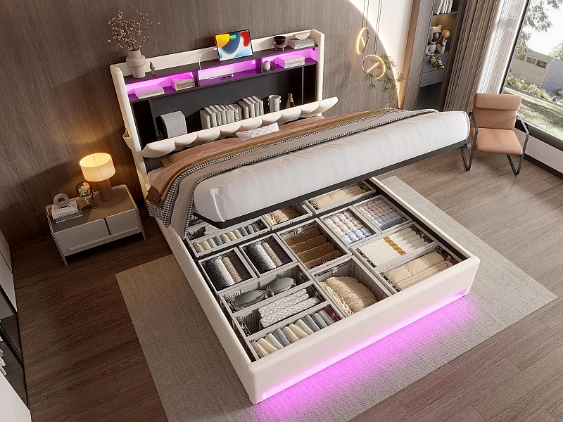 Opbergbed 160x200 cm - LED/USB - Hydraulische opberging - Fluweel - Lattenbodem