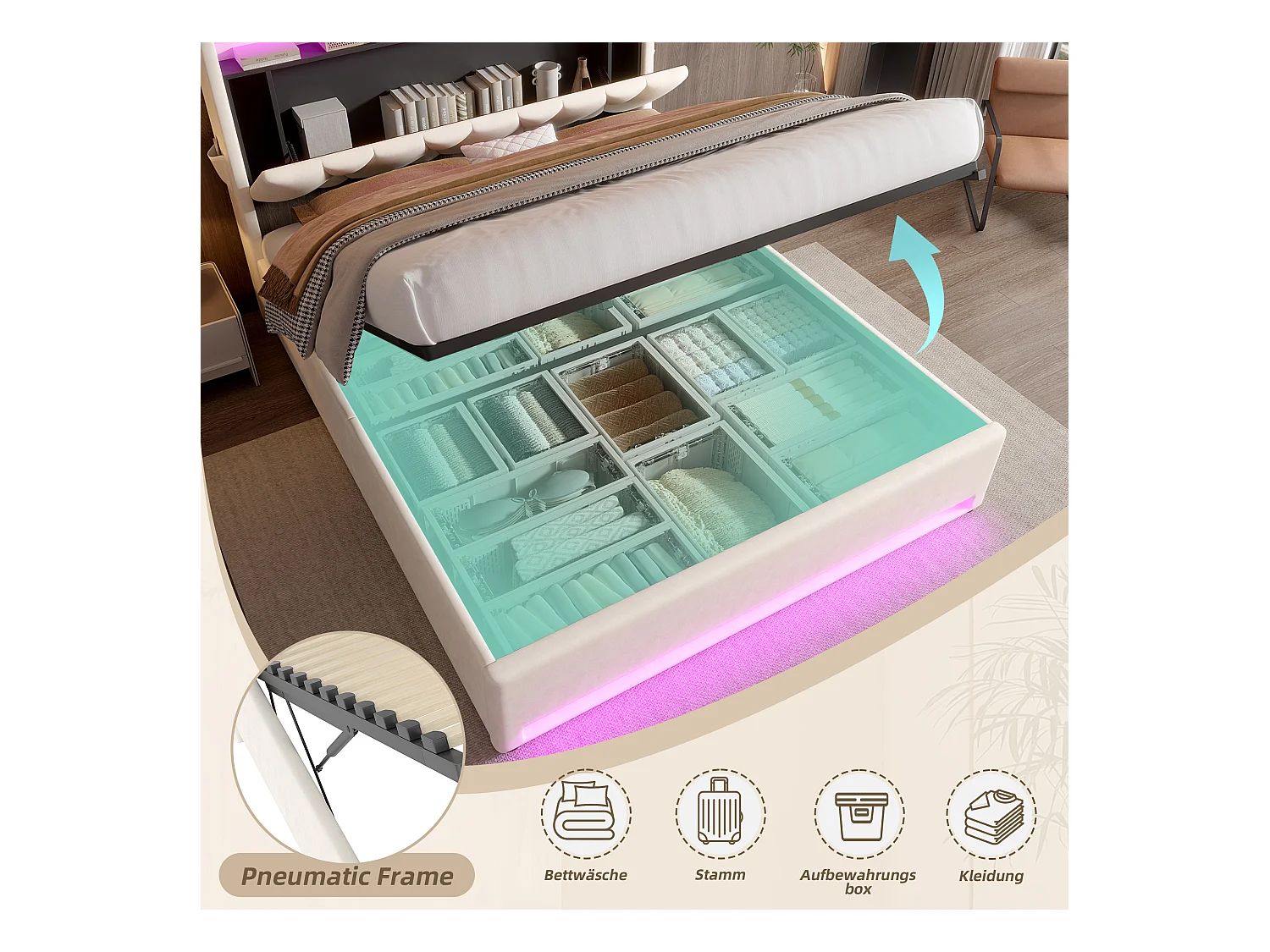 Lit Coffre 160×200 cm Velours Beige – Éclairage LED Multicolore - Ports USB+Type‑C - Rangement Sous Sommier – Style Contemporain