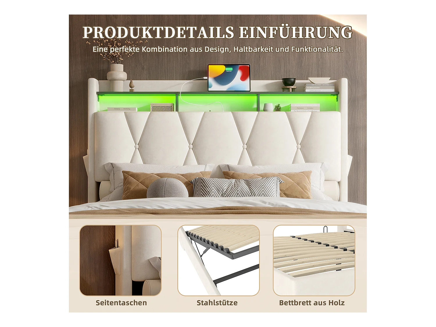 Lit Coffre 160×200 cm Velours Beige – Éclairage LED Multicolore - Ports USB+Type‑C - Rangement Sous Sommier – Style Contemporain