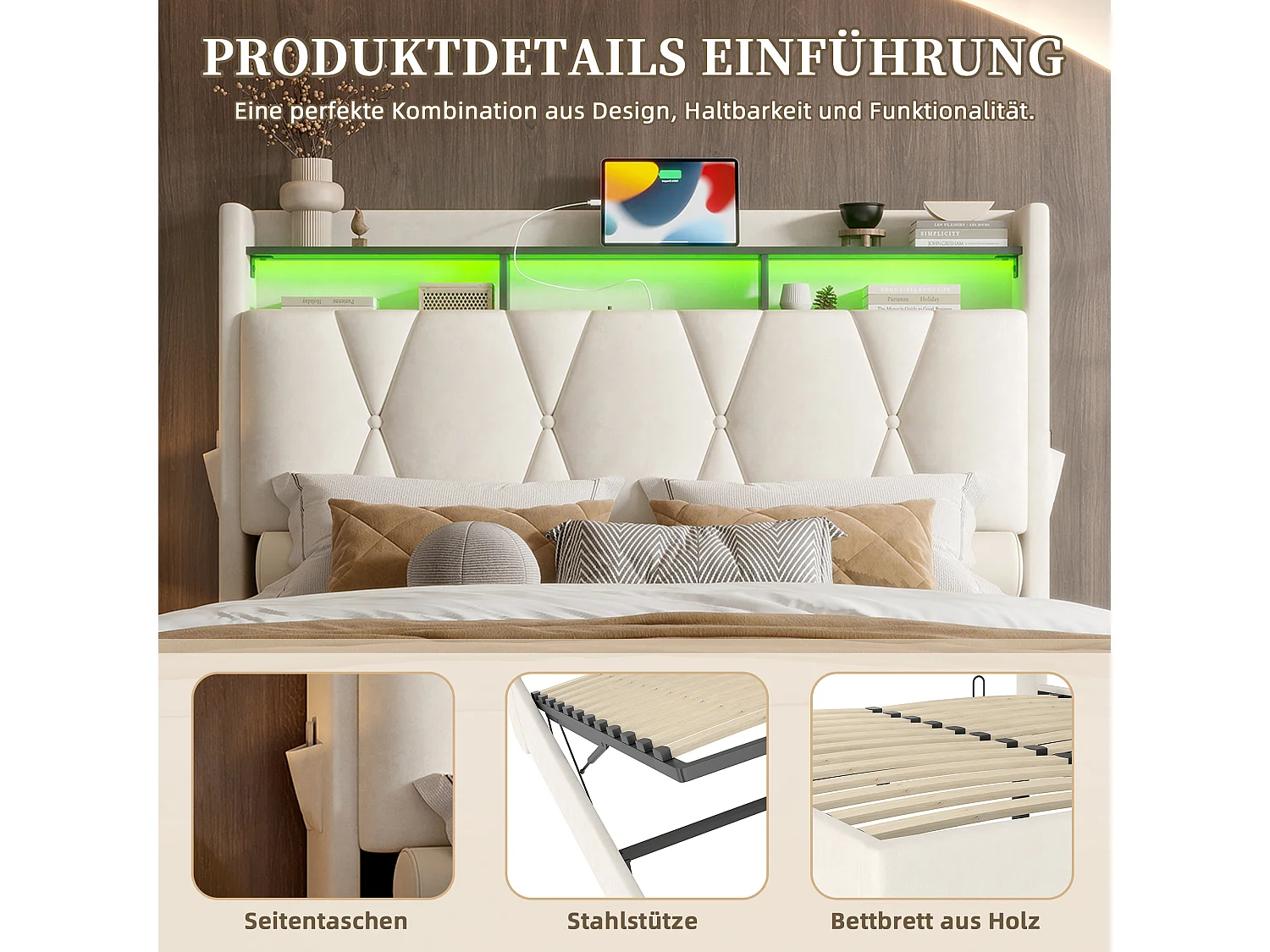 Lit Coffre 160×200 cm Velours Beige – Éclairage LED Multicolore - Ports USB+Type‑C - Rangement Sous Sommier – Style Contemporain