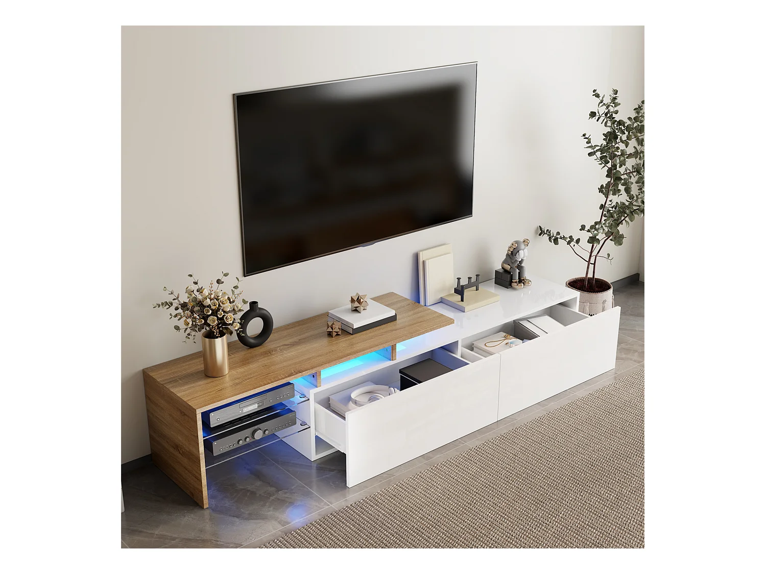 Meuble TV élégant et raffiné, blanc brillant/aspect bois, étagères en verre et éclairage LED. Espace de rangement pratique.