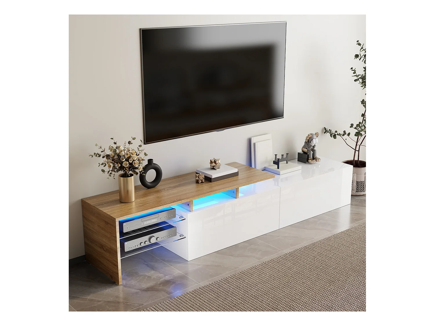 Meuble TV élégant et raffiné, blanc brillant/aspect bois, étagères en verre et éclairage LED. Espace de rangement pratique.
