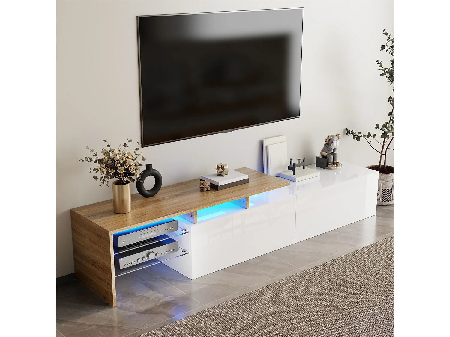 Meuble TV élégant et raffiné, blanc brillant/aspect bois, étagères en verre et éclairage LED. Espace de rangement pratique.