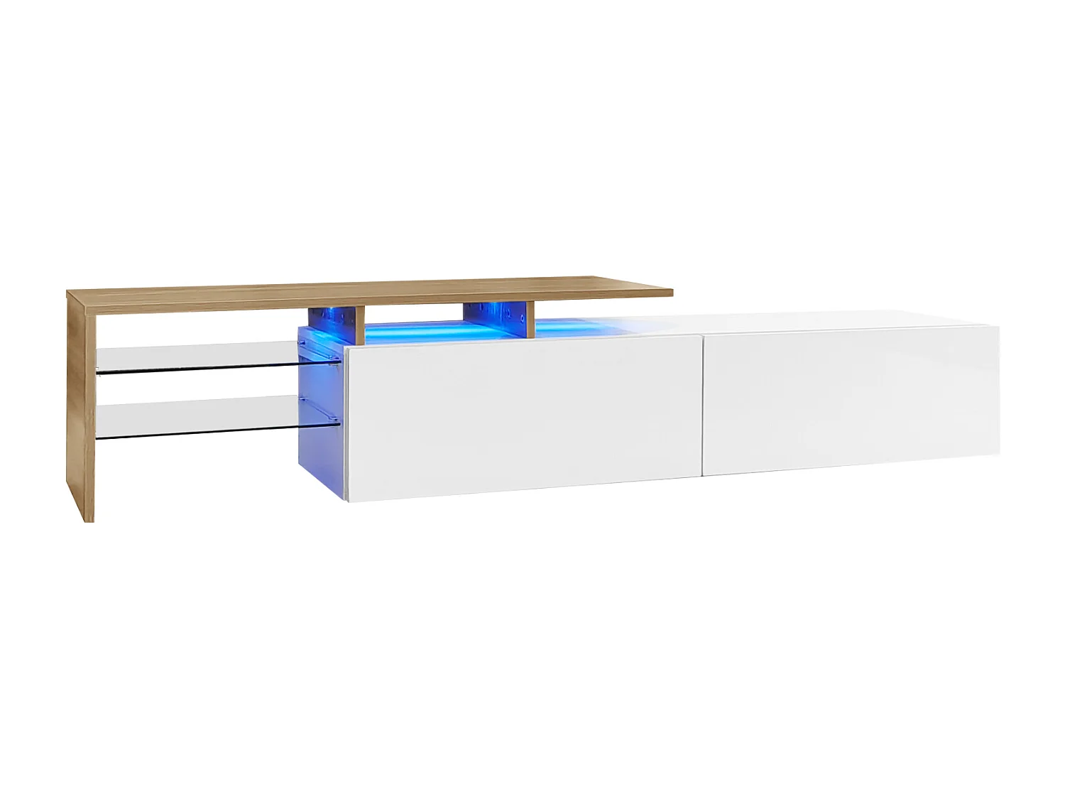 Meuble TV élégant et raffiné, blanc brillant/aspect bois, étagères en verre et éclairage LED. Espace de rangement pratique.