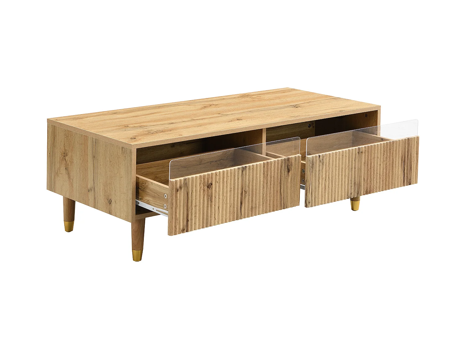 LED-meubelset: tv-meubel met 4 deuren en salontafel met 2 lades. Hout/goudkleurig design, LED-verlichting en golfstructuur.