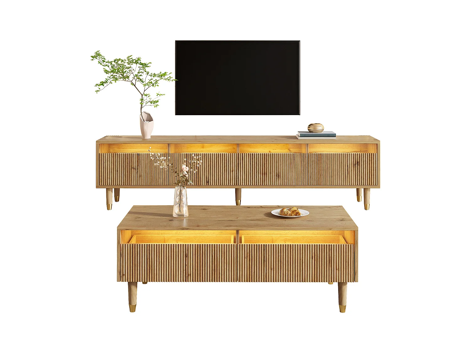 LED-meubelset: tv-meubel met 4 deuren en salontafel met 2 lades. Hout/goudkleurig design, LED-verlichting en golfstructuur.