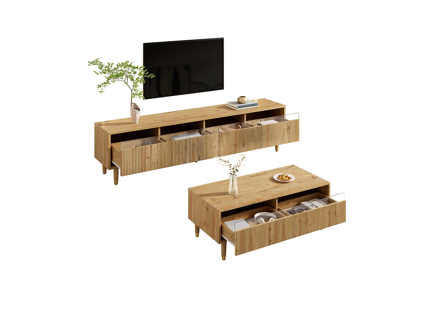 LED-meubelset: tv-meubel met 4 deuren en salontafel met 2 lades. Hout/goudkleurig design, LED-verlichting en golfstructuur.