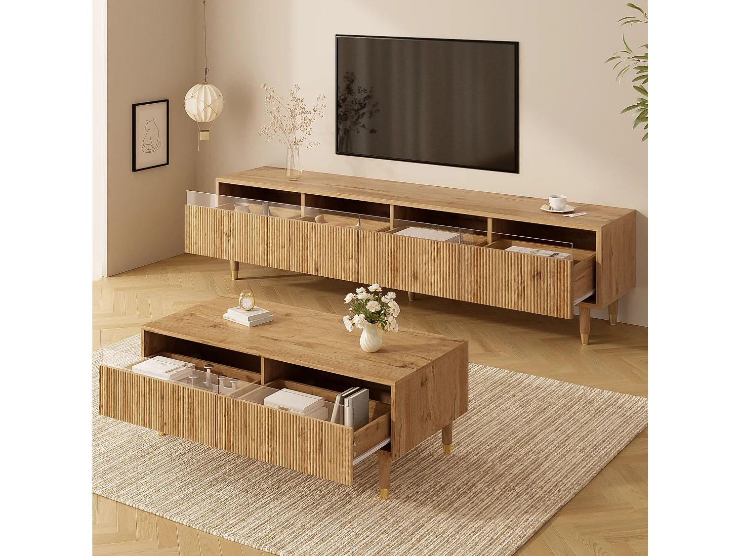 LED-meubelset: tv-meubel met 4 deuren en salontafel met 2 lades. Hout/goudkleurig design, LED-verlichting en golfstructuur.