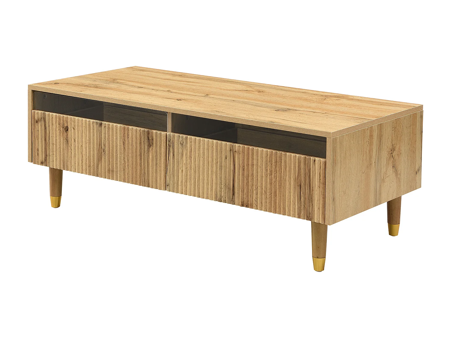 LED-meubelset: tv-meubel met 4 deuren en salontafel met 2 lades. Hout/goudkleurig design, LED-verlichting en golfstructuur.