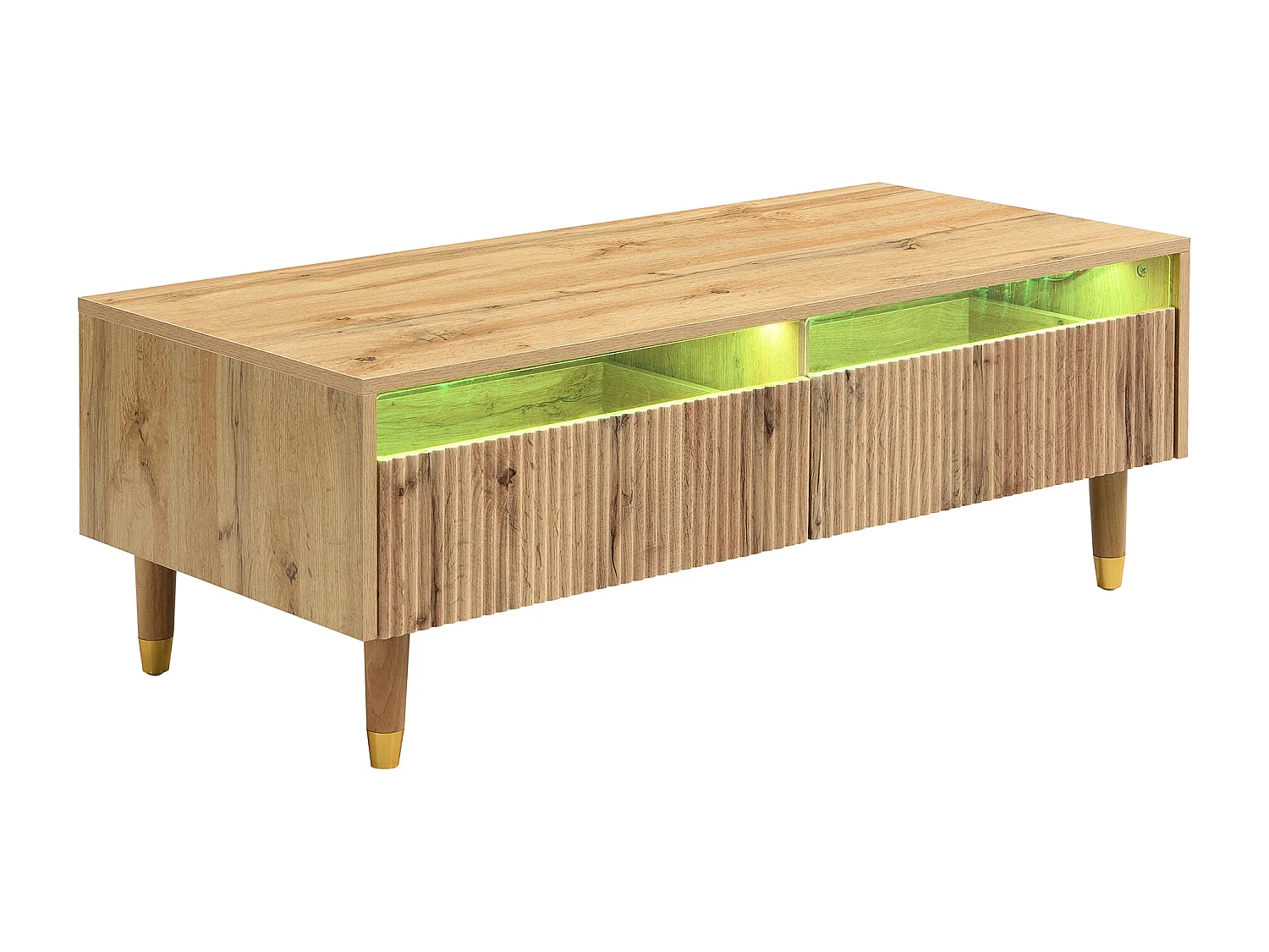 LED-Möbelset: 4-türiger TV-Schrank & Couchtisch mit 2 Schubladen. Holz/Gold-Design, LED-Beleuchtung & Wellenstruktur.