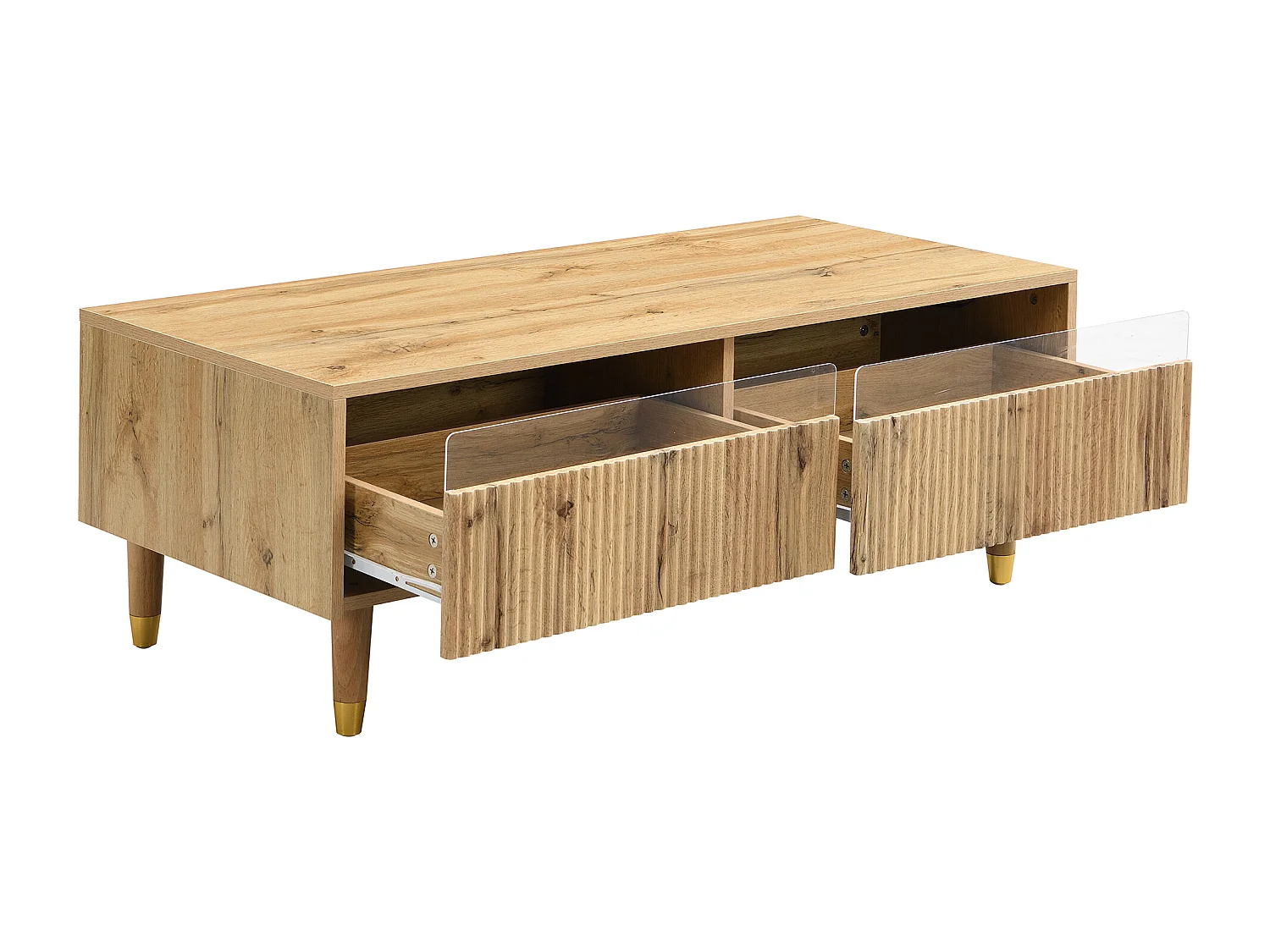 LED-Möbelset: 4-türiger TV-Schrank & Couchtisch mit 2 Schubladen. Holz/Gold-Design, LED-Beleuchtung & Wellenstruktur.