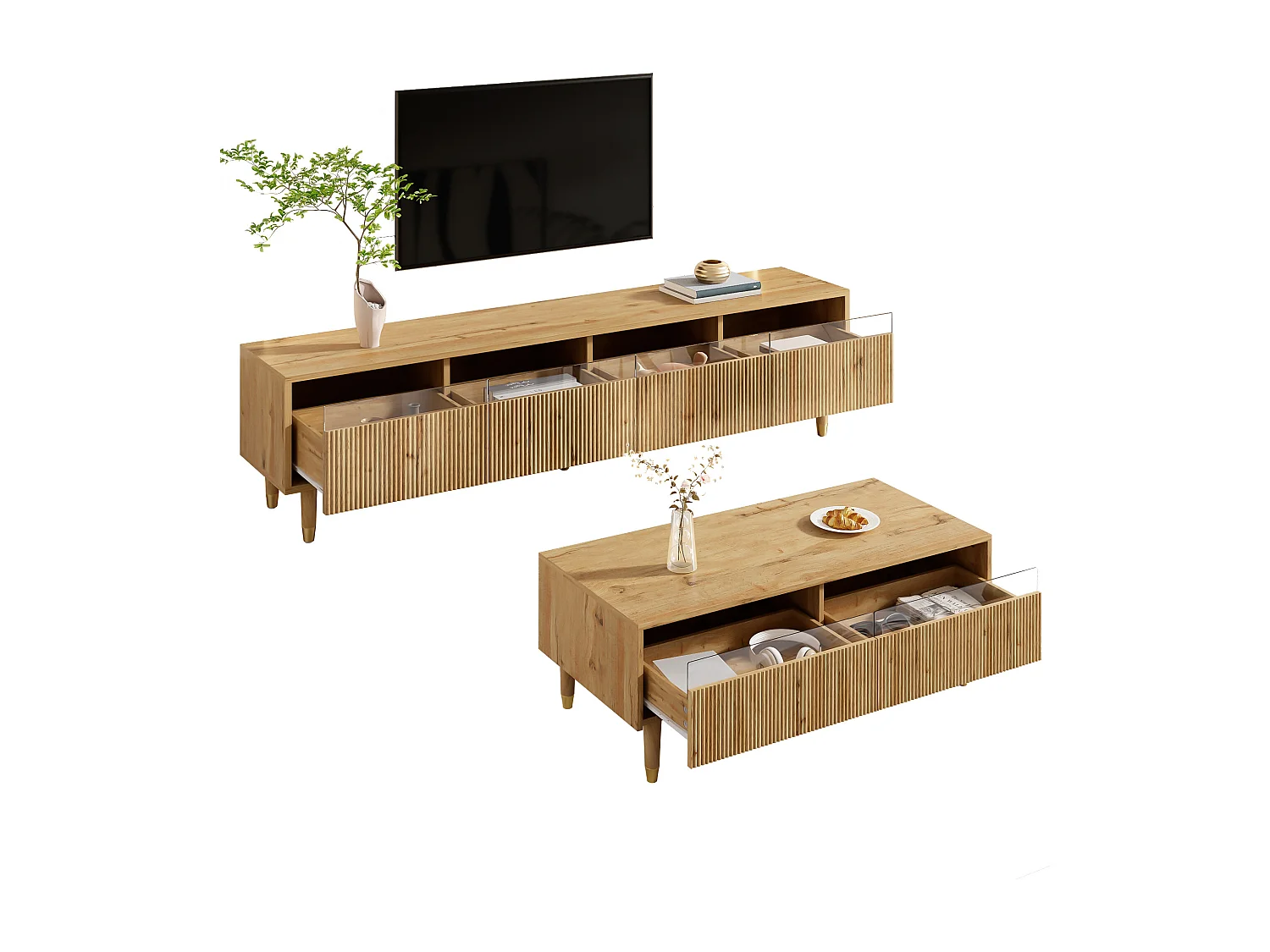 LED-Möbelset: 4-türiger TV-Schrank & Couchtisch mit 2 Schubladen. Holz/Gold-Design, LED-Beleuchtung & Wellenstruktur.