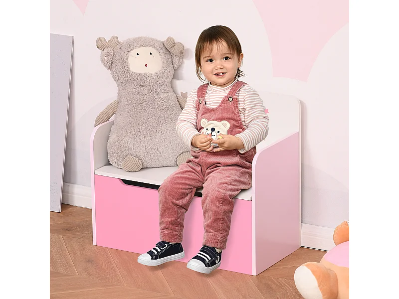 Panca contenitore con schienale per bambini 3-6 anni in legno rosa