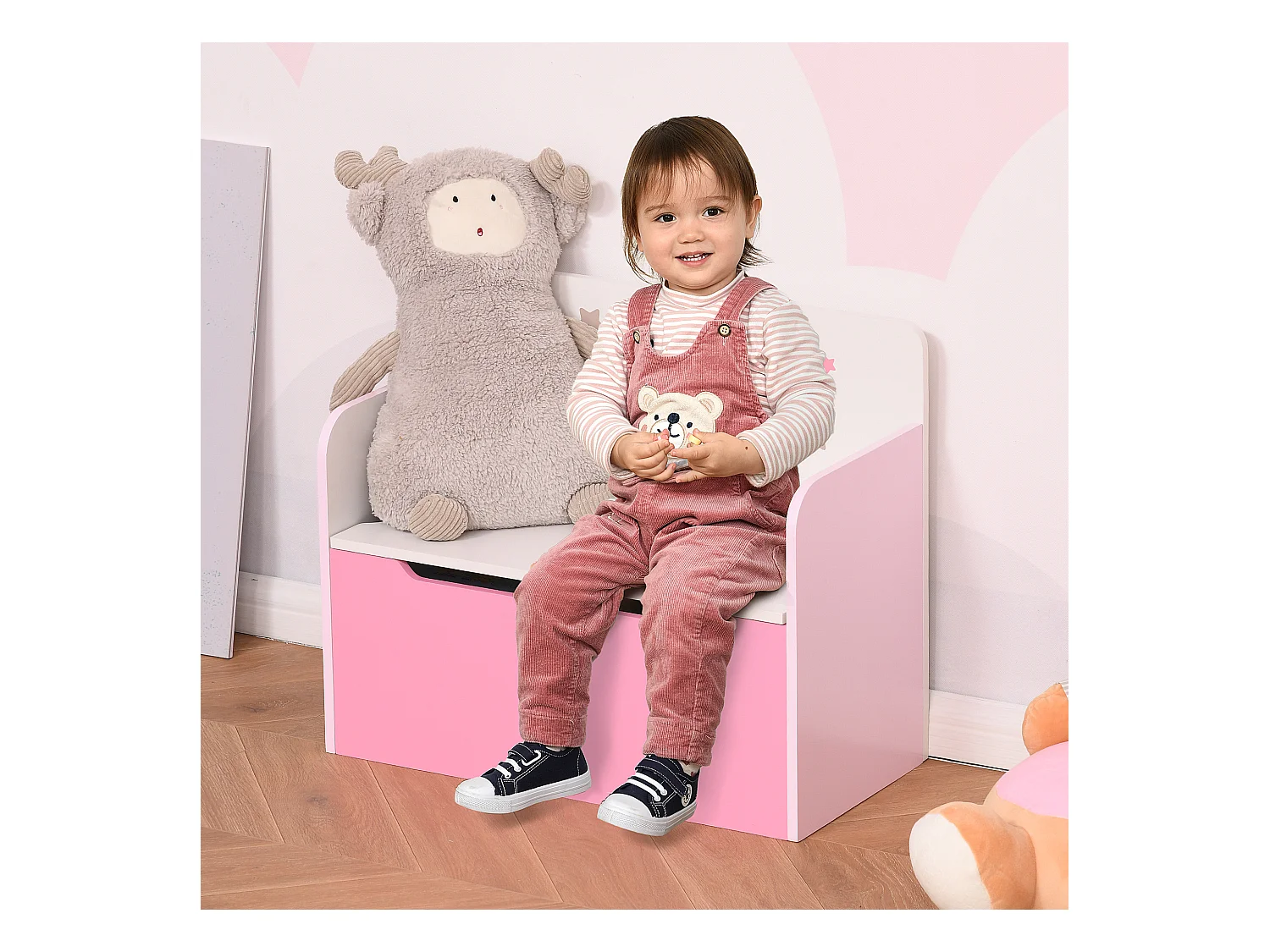 Panca contenitore con schienale per bambini 3-6 anni in legno rosa