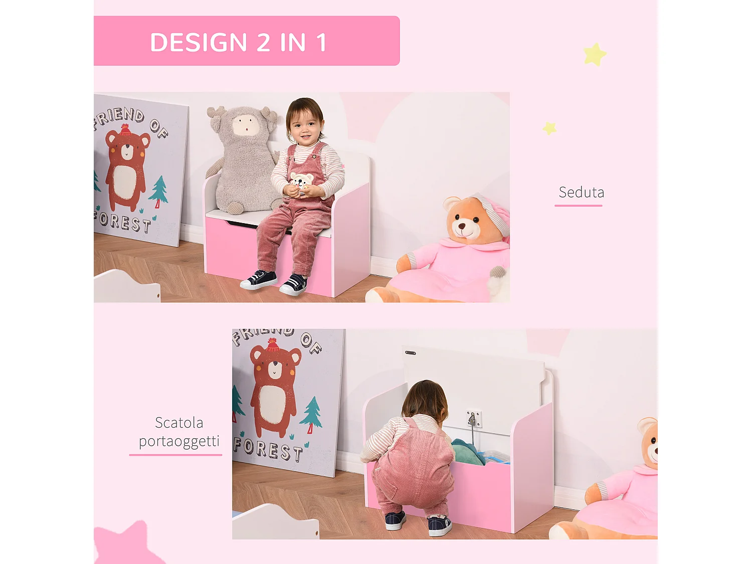 Panca contenitore con schienale per bambini 3-6 anni in legno rosa