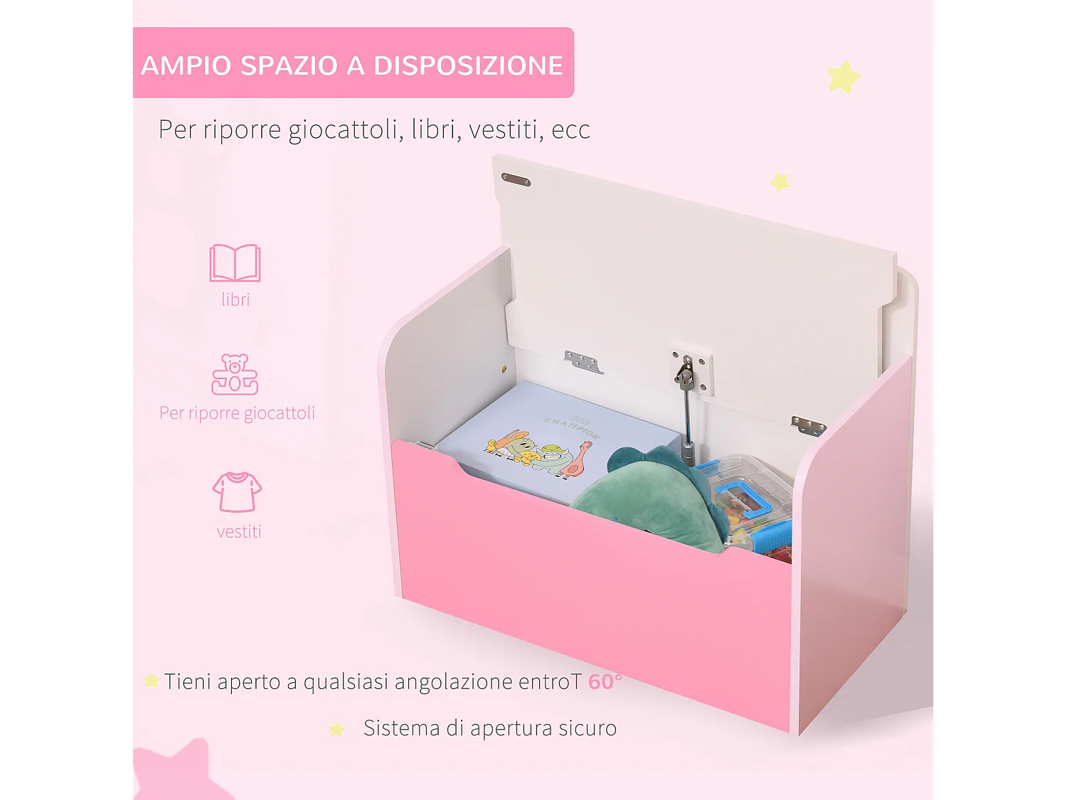 Panca contenitore con schienale per bambini 3-6 anni in legno rosa