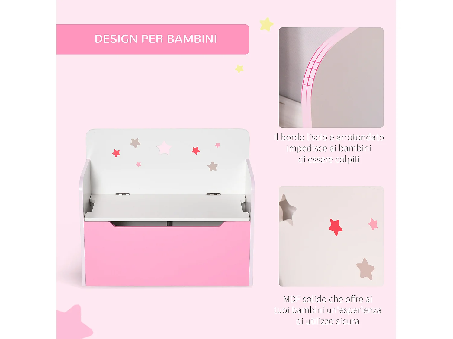 Panca contenitore con schienale per bambini 3-6 anni in legno rosa