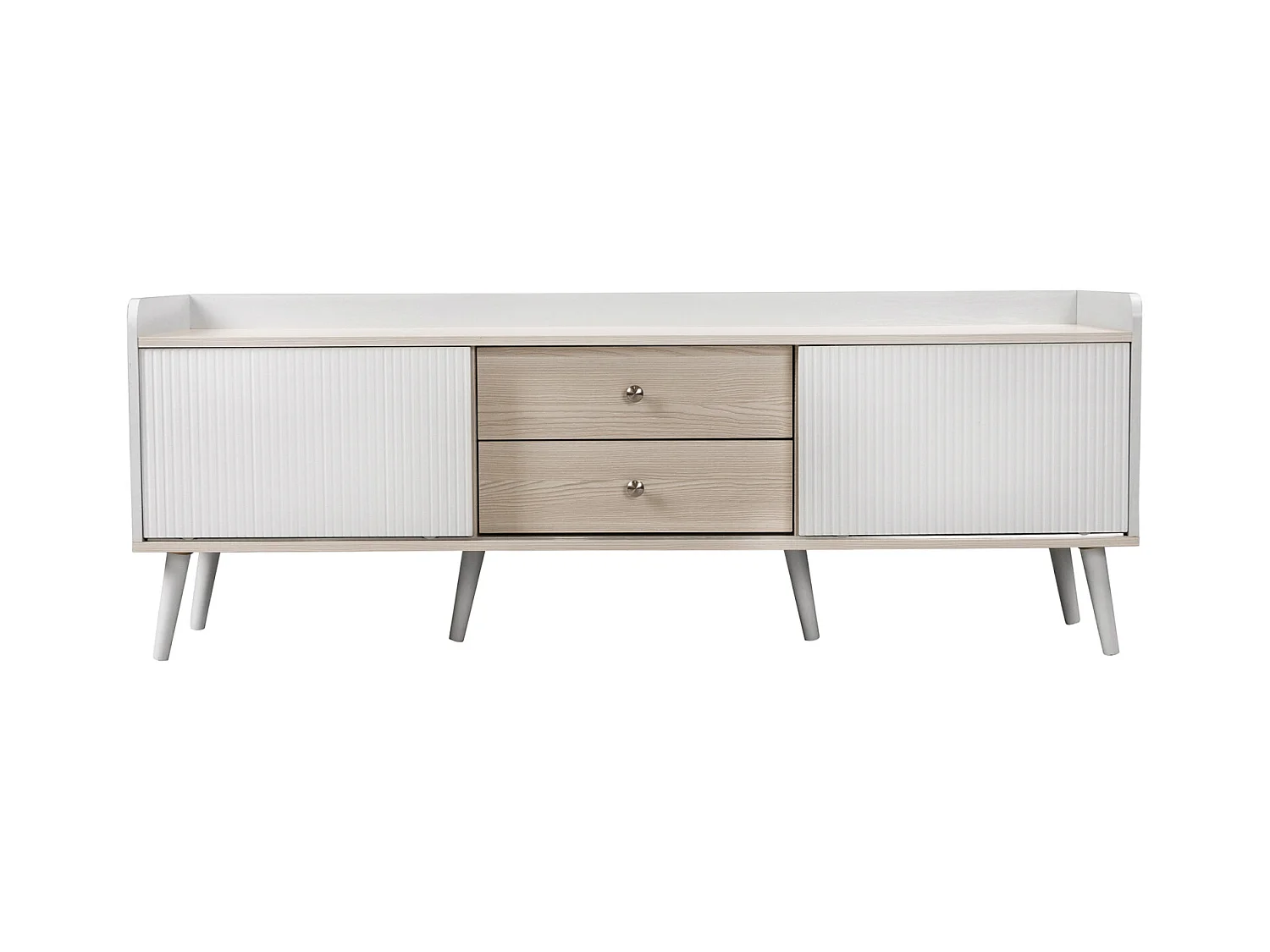 Meuble TV avec 2 tiroirs et 2 portes coulissantes, aspect blanc/bois, 160 x 40 x 58 cm. Texture raffinée et rangement pratique.