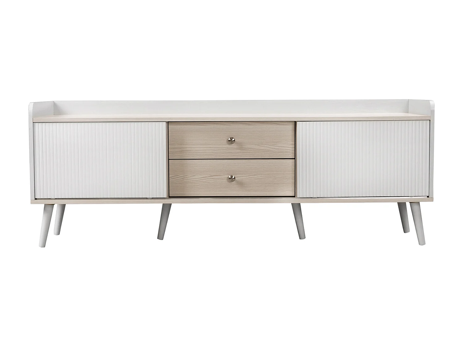 Meuble TV avec 2 tiroirs et 2 portes coulissantes, aspect blanc/bois, 160 x 40 x 58 cm. Texture raffinée et rangement pratique.