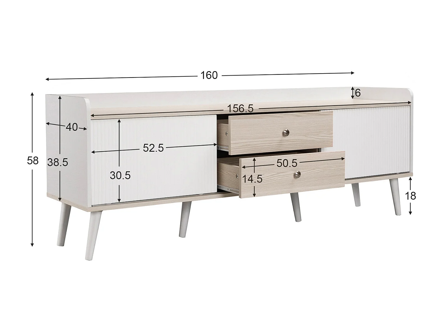 Meuble TV avec 2 tiroirs et 2 portes coulissantes, aspect blanc/bois, 160 x 40 x 58 cm. Texture raffinée et rangement pratique.