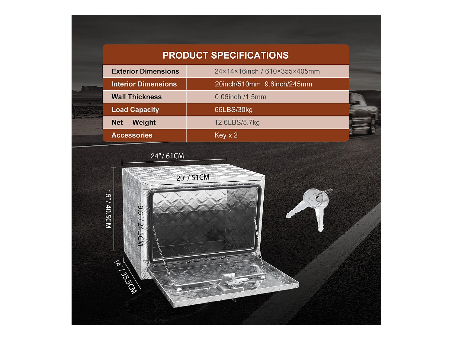 Boîte à Outils SucceBuy Boîte à Outils pour Camion Sous Caisse en Aluminium 60.96 x 35.56 x 40.64 cm, pour Remorque RV