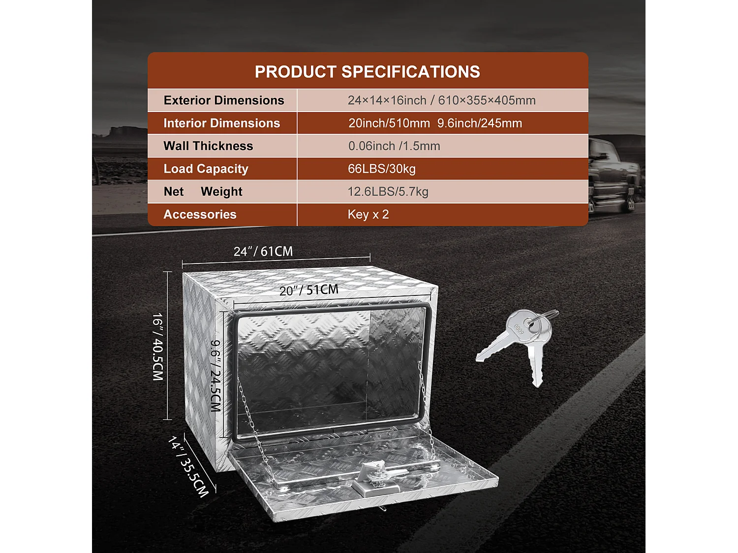 Boîte à Outils SucceBuy Boîte à Outils pour Camion Sous Caisse en Aluminium 60.96 x 35.56 x 40.64 cm, pour Remorque RV