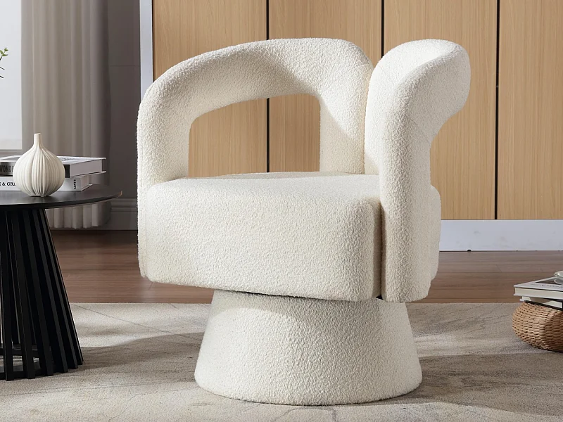 Fauteuil Pivotant à 360° en Tissu Teddy Beige - Dossier Double Arche et Design Moderne