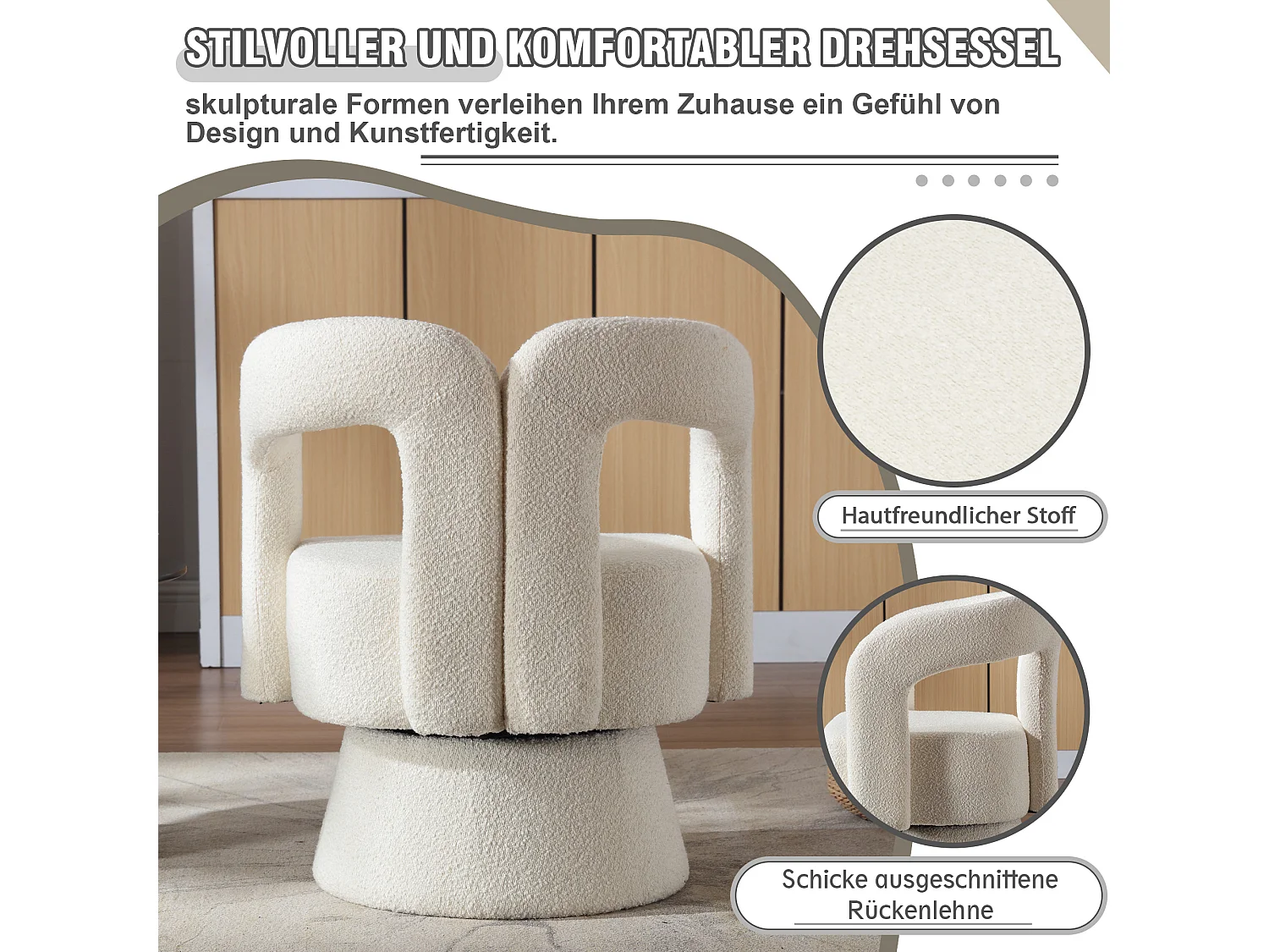 Fauteuil Pivotant à 360° en Tissu Teddy Beige - Dossier Double Arche et Design Moderne