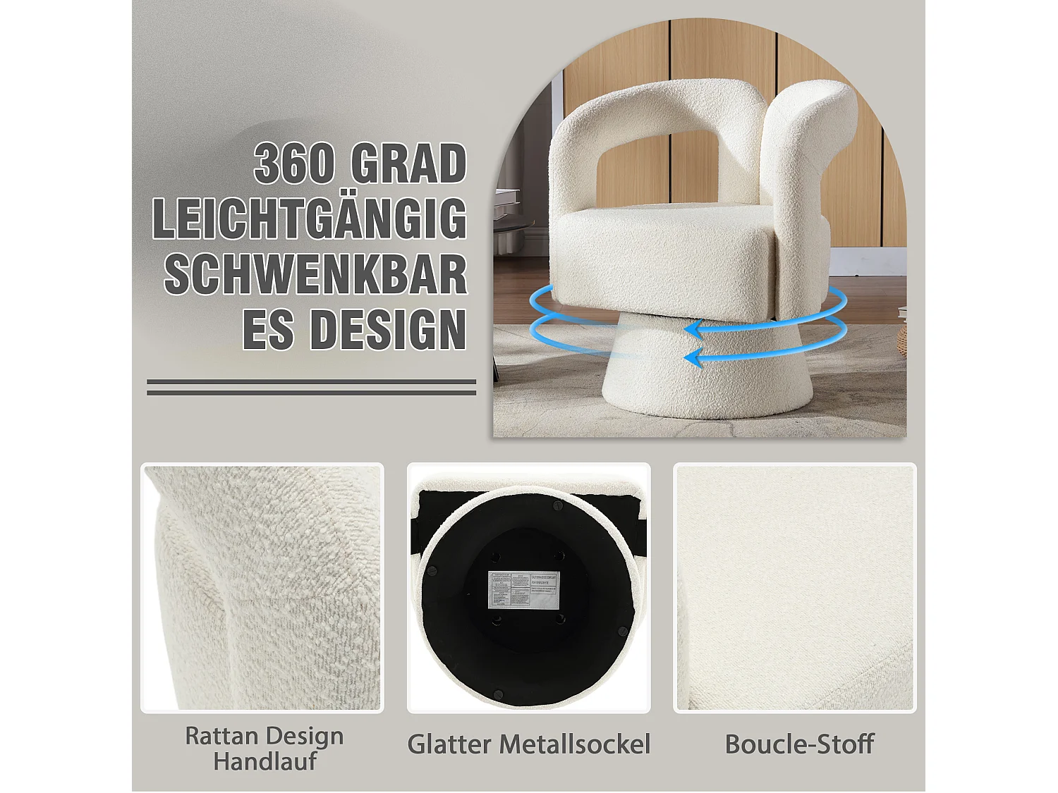 Fauteuil Pivotant à 360° en Tissu Teddy Beige - Dossier Double Arche et Design Moderne