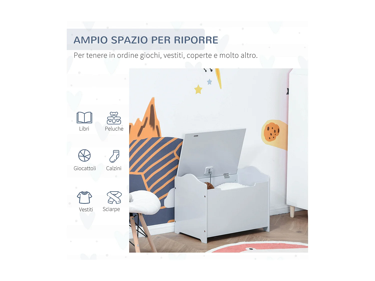 Panca contenitore portagiochi in legno e coperchio ammortizzato