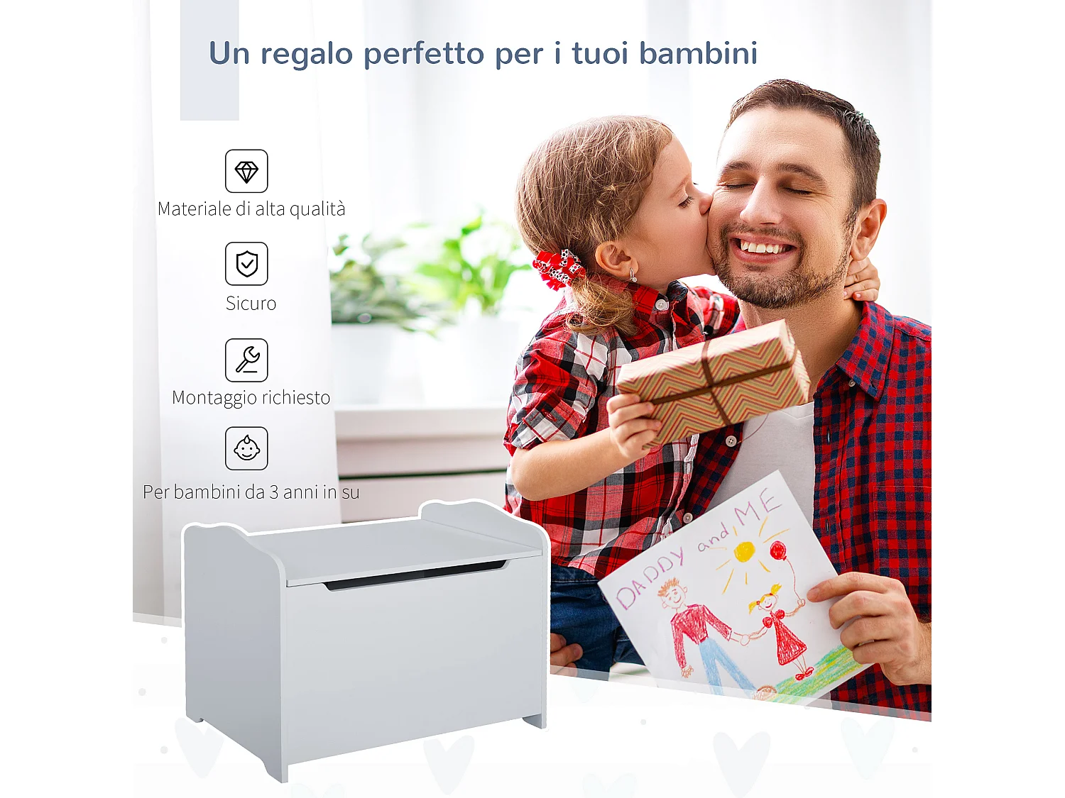 Panca contenitore portagiochi in legno e coperchio ammortizzato