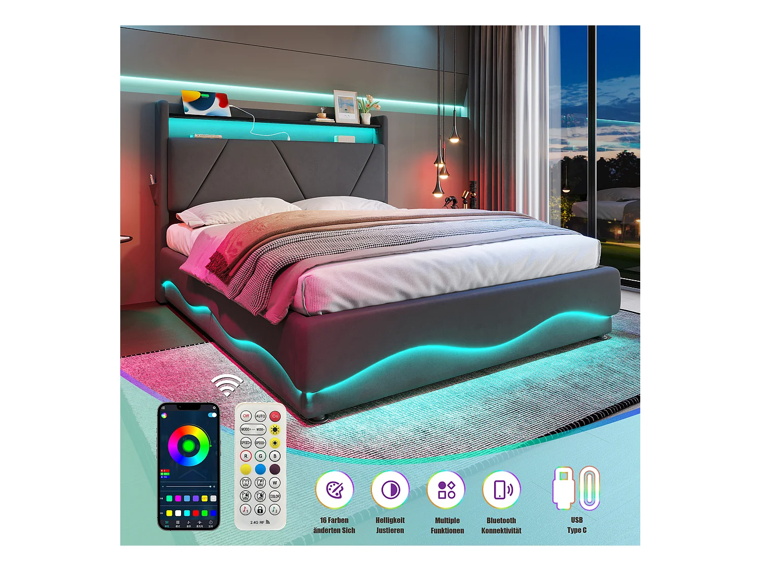 Lit Coffre Rembourré 140×200 Cm Velours Gris Foncé –Étagère tête de lit - LED/USB‑C – Grand Coffre Sous Sommier – Style Contemporain