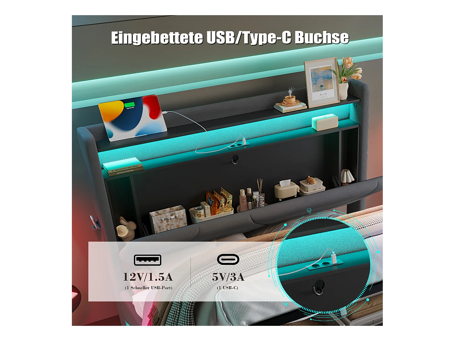 Lit Coffre Rembourré 140×200 Cm Velours Gris Foncé –Étagère tête de lit - LED/USB‑C – Grand Coffre Sous Sommier – Style Contemporain