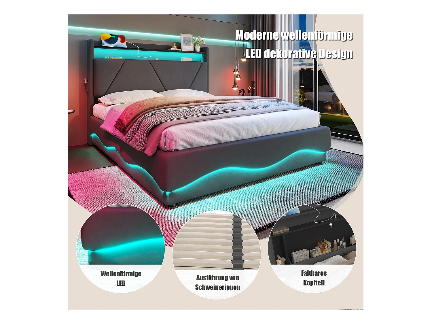 Lit Coffre Rembourré 140×200 Cm Velours Gris Foncé –Étagère tête de lit - LED/USB‑C – Grand Coffre Sous Sommier – Style Contemporain