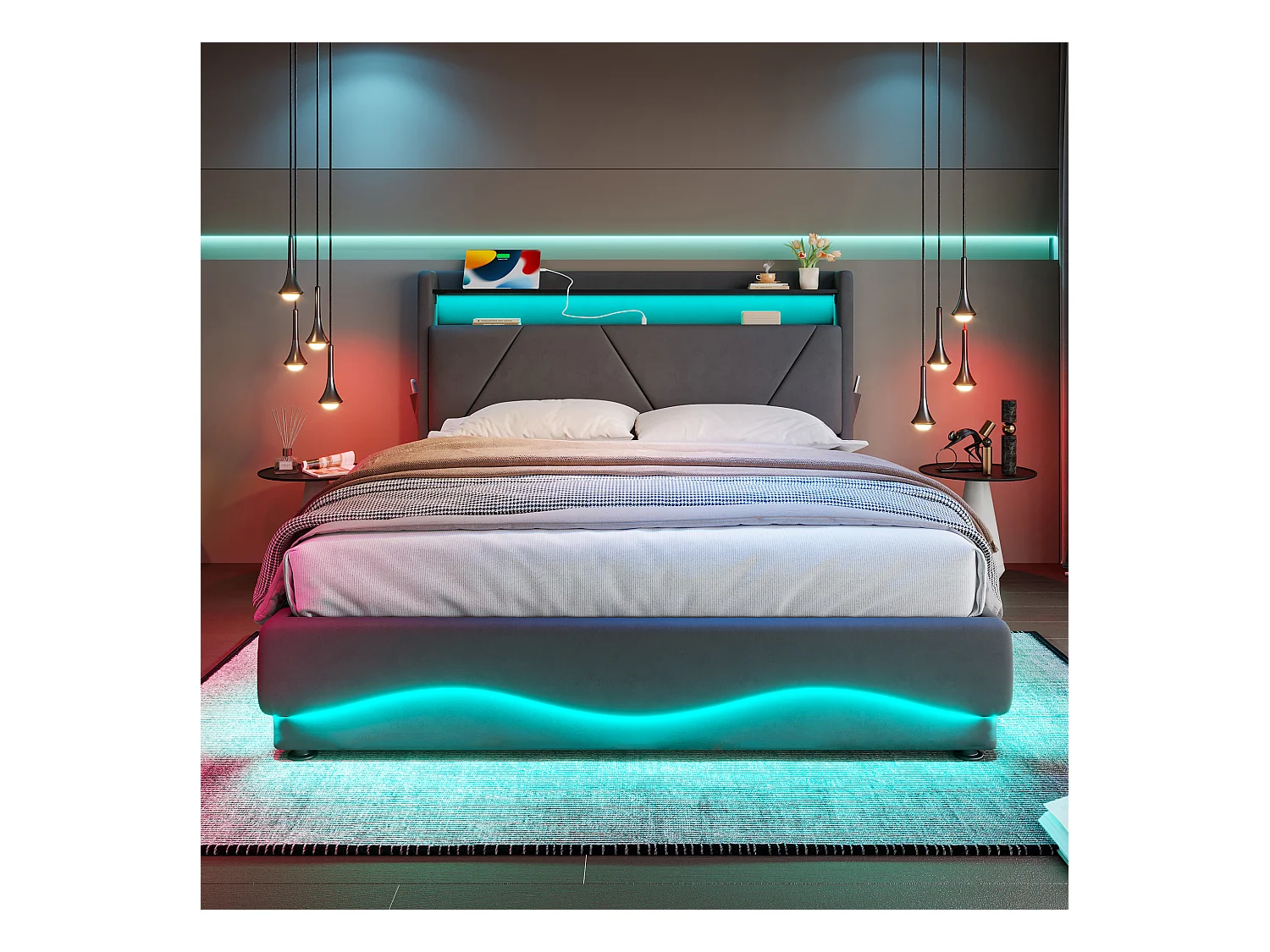 Lit Coffre Rembourré 140×200 Cm Velours Gris Foncé –Étagère tête de lit - LED/USB‑C – Grand Coffre Sous Sommier – Style Contemporain
